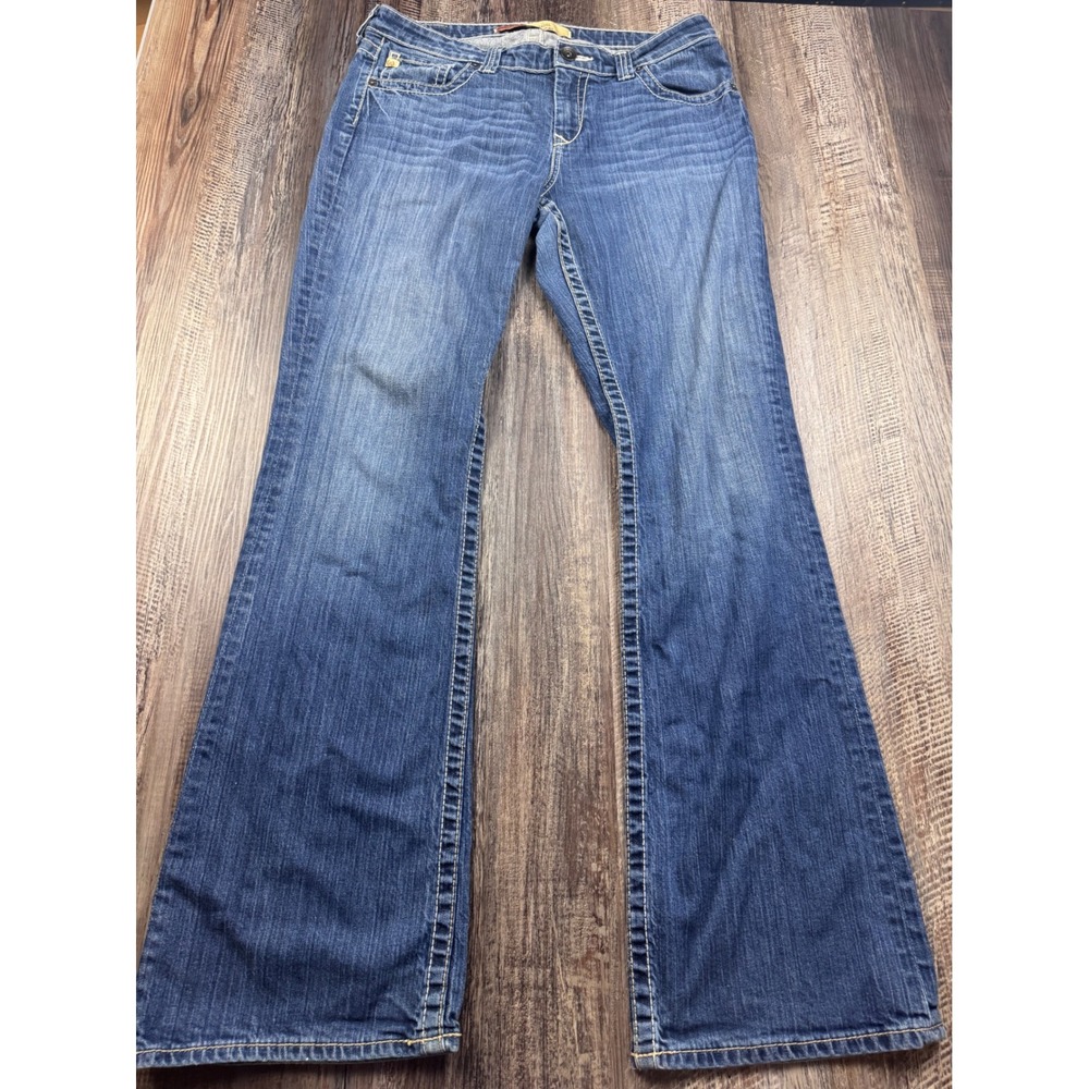 Big Star Hazel Curvy Fit Flare Leg Jeans Blue Medium Wash 32L Thick Stitch